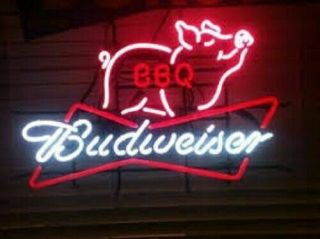 [ship From Usa]new Budweiser Bow Tie Pig Bbq Grill Neon Sign Beer Bar Light