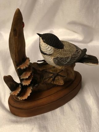 Hand Carved Black Capped Chickadee Bird Wood Figure On Log Hand Painted 6.  5 "