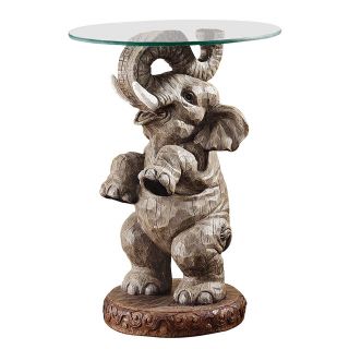 Unique Furniture Round Glass Top Side Table African Elephant Tusk Animal Decor