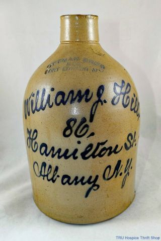 Antique William J Hill Albany Ny Single Handled Stoneware Jug Ottman Bros & Co