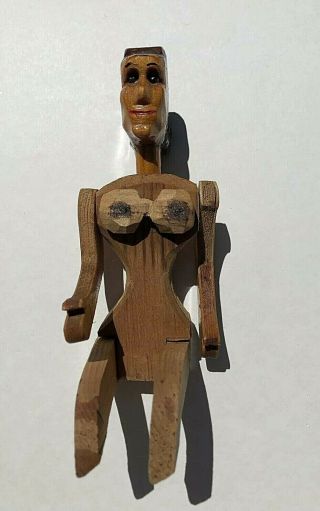 Unique Carved Wood Primitive Folk Art Figure 1961 Knot Head Flat Head Doll