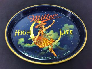 Rare Miller High Life Beer Girl On Moon Oval Serving Tray