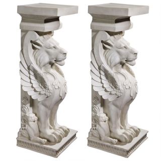 Set Of 2: Architectural Stylized Winged Lions Home Garden Pedestal Plant Stand