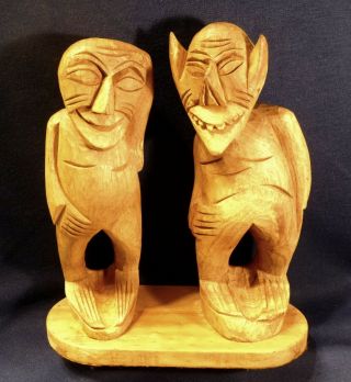 Vintage Humorous Folk Art Wood Carving Of Devil Tempting Friend Or Gossip By Rhc