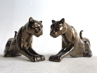 2 Large 22” Vintage Ceramic Black Panther Cat Mid Century Hollywood Centerpiece