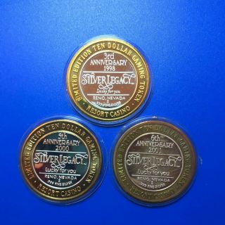 Set Of 3 Silver Legacy $10.  999 Fine Silver Casino Strikes - Anniversary Series