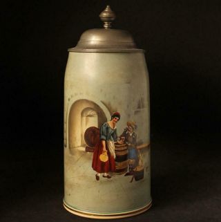 Antique German Large Pottery Beer Stein Hand Pianted Tavern Scene C.  1900