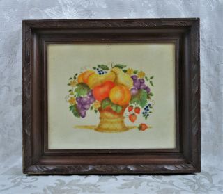 Antique 19th C.  Theorem Watercolor Painting Cornucopia Fruit Basket Signed Bey
