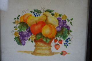 Antique 19th C.  Theorem Watercolor Painting Cornucopia Fruit Basket Signed BEY 2