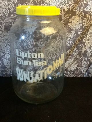 Vintage Lipton Sun Tea Glass Gallon Jar Jug Container W/yellow Lid And Logo