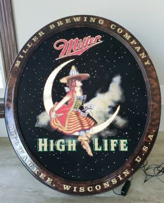 Rare Miller High Life Lighted Fiber Optic Motion Beer Bar Sign Girl In Moon
