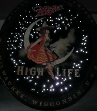 RARE Miller High Life Lighted Fiber Optic Motion Beer Bar Sign Girl In Moon 2
