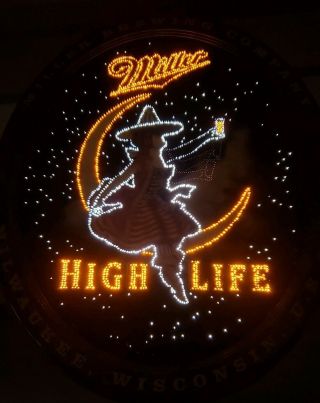 RARE Miller High Life Lighted Fiber Optic Motion Beer Bar Sign Girl In Moon 4