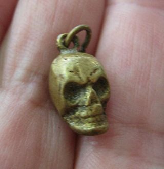 Vintage Antique Scary Brass Human Skull Charm Fob Old Pendant