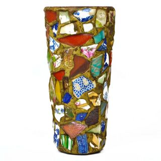 Antique Primitive Folk Art Glass & Pottery Shards Over Cast Iron Memory Vase