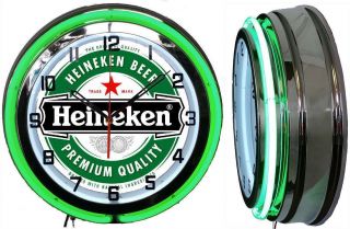 Heineken Beer 18 " Green Neon Clock Chrome Finish Man Cave Bar Garage