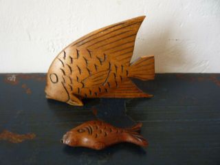 Two Vintage 1970s Jamaican Woodcarvings Angel Fish Carved Wooden Primitive Art