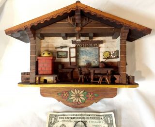 Vtg Hand Carved Folk Art Country Cabin Kitchen Diorama Thorens Music Shadow Box