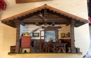 Vtg Hand Carved Folk Art Country Cabin Kitchen Diorama Thorens Music Shadow Box 2