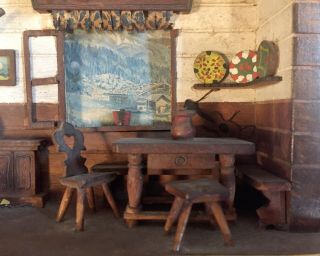 Vtg Hand Carved Folk Art Country Cabin Kitchen Diorama Thorens Music Shadow Box 5