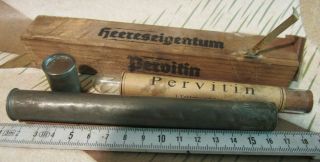 Empty Glass Tubes With Inscription Pervitin And Metal,  Wood Transport Box Big