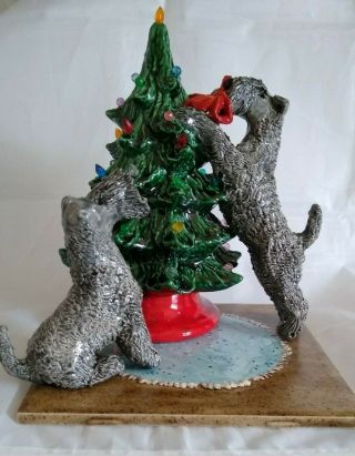 Two Kerry Blue Terrier Dogs Christmas Tree Ceramic Sculpture Ooak