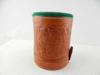 Vintage Mexico Tooled Leather Green Felt Lined Dice Cup & 12 Old Poker Dice Look