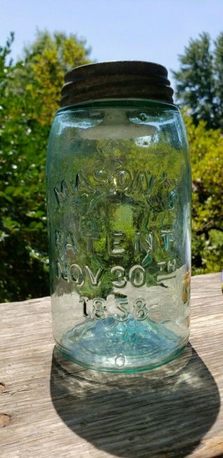 Fruit Jar Mason Patent Nov.  30th 1858 Reverse Hourglass W/ Protector Cap