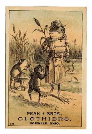 Victorian Trade Card Peak Bros Clothiers Norwalk Oh Frog In Trenchcoat
