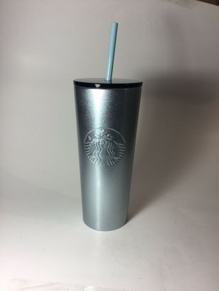 Starbucks Blue Glitter Stainless Steel Cold Drink Cup W/ Straw 16 Fl Oz