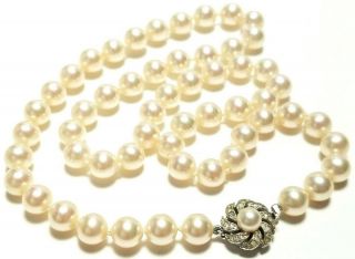 Majorica Pearl Necklace Rhinestone Silvertone Clasp Knotted Beads Vtg 21 Inch