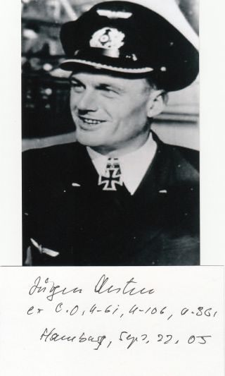 German Knights Cross Jurgen Oesten U - Boat Commander Ace Signed 3x5 Card
