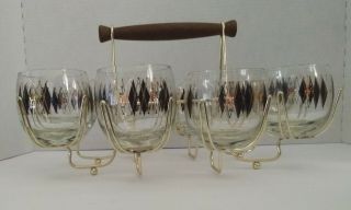 Vintage Federal Glass Harlequin Atomic Roly Poly Set Of 8 W Caddy Federal Glass