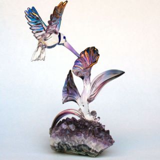 Hummingbird Sculpture Blown Glass Amethyst Crystal Gold