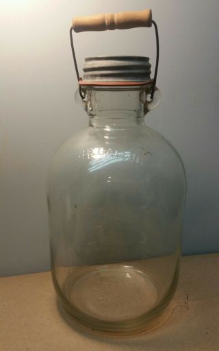 Vtg One Gallon Glass Canning Jar Jug Ball Seal Wood Handle 11 1/2 " Bottle