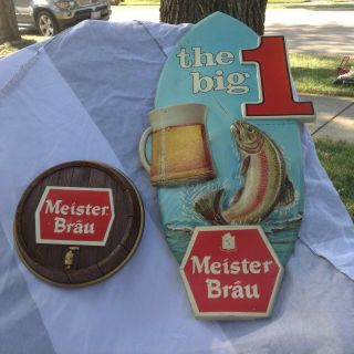 Meister Brau Beer Vintage Beer Plastic Signs Faux Wood Barrel,  Sport Fishing