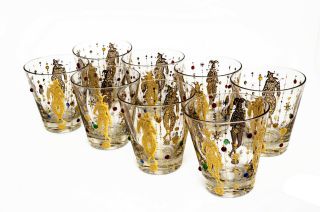 Culver Vintage Mardi Gras Jeweled Jester Cocktail Glasses,  Set Of 8