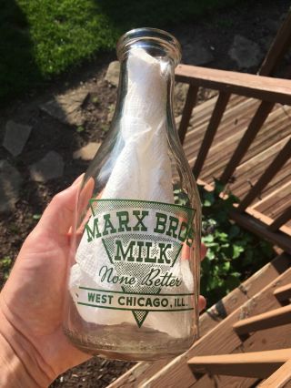 Vintage Marx Bros Milk Green Acl Painted Picture Quart Bottle West Chicago Ill