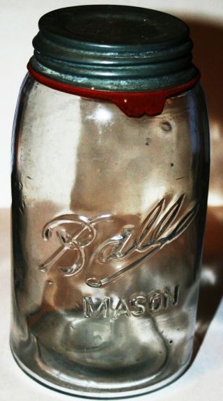 Unusual Vintage 1910 Ball Mason Antique Glass Quart Canning Jar 3l Loop Zinc Lid
