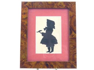 Antique Early 20th Century Paper Cut Silhouette Portrait Young Girl & Bird