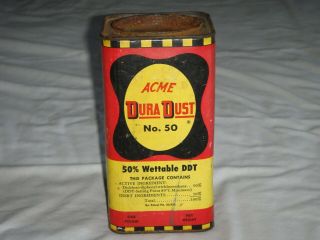 Vintage Acme Dura Dust 50 Ddt Insect Powder Cardboard Tin Top Bottom Rare