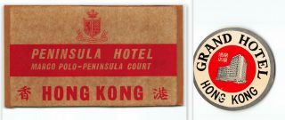 (2) Old Luggage Label Sticker Peninsula & Grand Hotel Kowloon Hong Kong