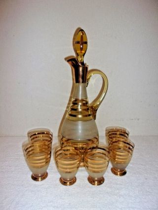 Vintage Amber And Gold Glass Decanter Set With 6 Glasses Made In Romania