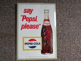 Vintage Pepsi Sign 1960’s Say Pepsi Please Tin Over Cardboard Easel - Back.  Sign