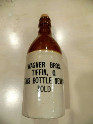 Antique Wagner Bros Stoneware Bottle Tiffin Ohio Oh,  Brown Top White Base