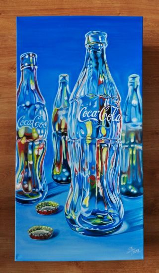 Coca Cola Bottles Large Oil Painting On Canvas 40x20 " Signed