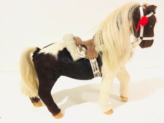 Vtg Wood Horse Real Hair Fur Leather Saddle 16 " Statue Lush Mane/tale Brown Whte