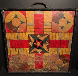 Graphic Parcheesi Game Board,  Colorful Alligatored Paint,  Name&dated 1936