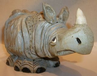 Vintage Carved Wood Folk Art Rhinoceros By Amos Fulmer