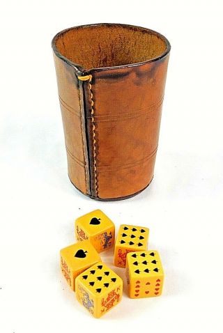 Set Of 5 Vintage Beige Cream Bakelite Poker Dice 5/8  W/ Leather Cup